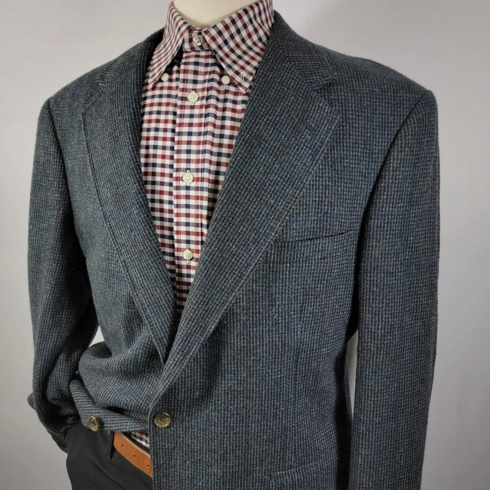VTG Evan Picone Men's Tweed Sport Coat Blazer‎ Two Button Navy Plaid Wool Sz 44L